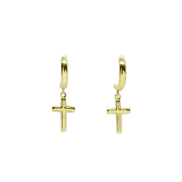 Brinco Meia Argola com Pingente de Cruz em Ouro 18 Kilates � 25334